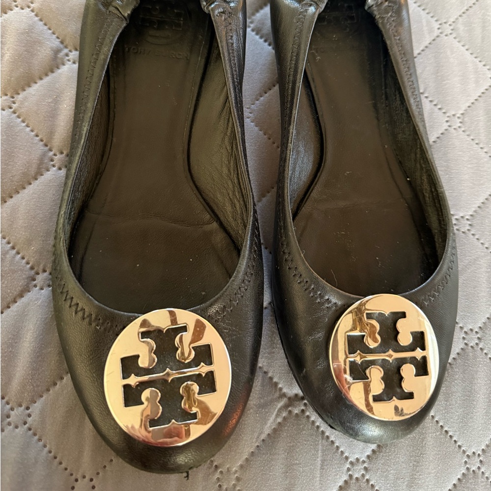 Tory Burch Black Flats with Gold Emblem
